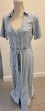 Zara Dress Sz M  Women Denim Half Sleeve Collar Tie Button Maxi Blue Pocket 