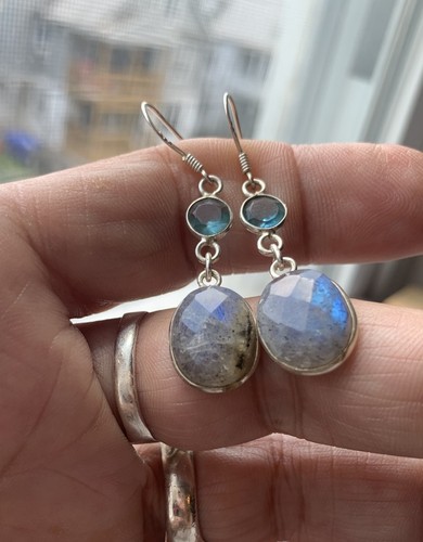 Faceted Oval LABRADORITE Blue Topaz Dangle Drop Earrings Sterling Silver 925