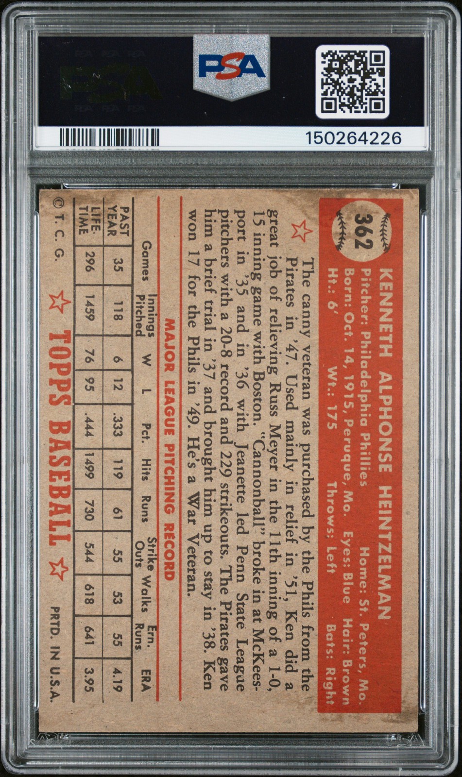 1952 TOPPS #362 KEN HEINTZELMAN PSA 5 view 2