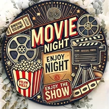 Retro Movie Night 7.87 Inch Round Aluminum Wall Art - Vintage Cinema Decor with