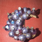 Vtg gold tone crescent moon brooch pin w/ purple glass beads & rhinestones — photo 2