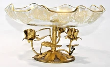 1950s Hollywood Regency Italian 22k Gold Gilt Metal Roses & Glass Compote Bowl