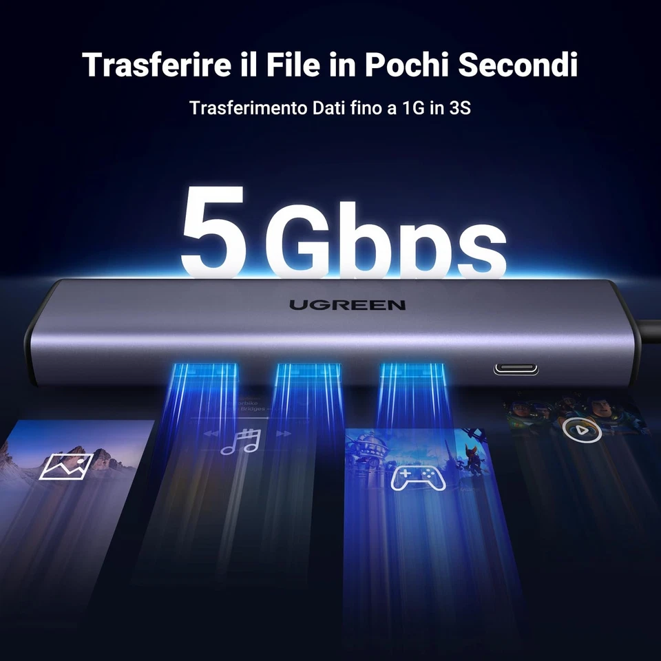 UGREEN Hub USB 3.0 Ethernet in Alluminio con Porta Alimentazione Tipo C 5V/2A - Immagine 4 di 4