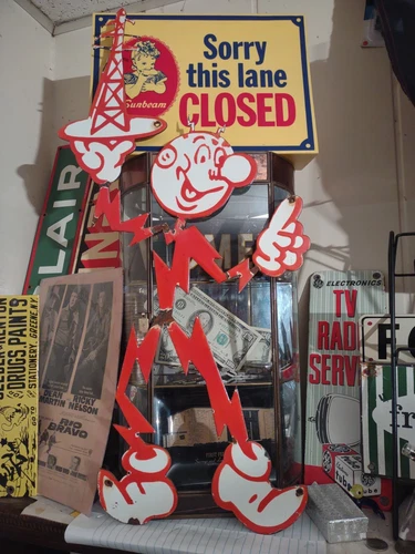 VINTAGE REDDY KILOWATT PORCELAIN SIGN 24X13” DIECUT ELECTRIC POWER CO. GAS OIL