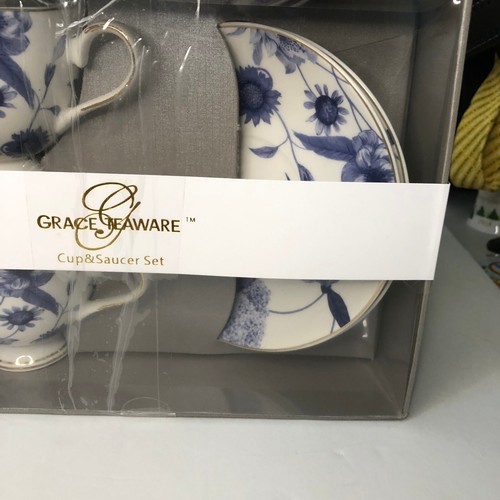Grace's Teaware Cups & Saucer Set White Blue Floral Boxed Gift New Two Sets - Picture 5 of 7