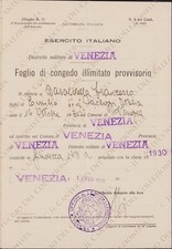 1950 VENEZIA Foglio congedo illimitato provvisorio Esercito Italiano