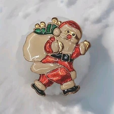 Vintage Enamel Scarf Clip Sant Holding Bag of Toys Gold Tone Christmas EUC