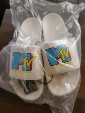 MTV MUSIC TELEVISION MENS OR WOMEN LOGO WHITE SLIDES BRAND NEW DUMBGOOD M9/W10.5