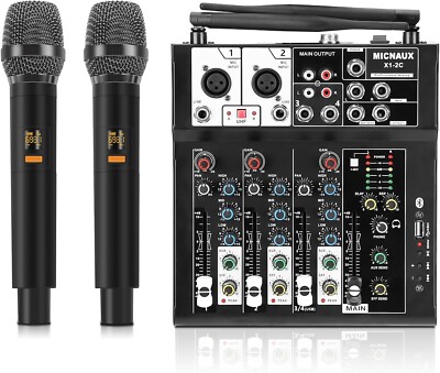 4-Channel Audio Mixer Karaoke Mixer with Dual Wireless Microphones, Professional