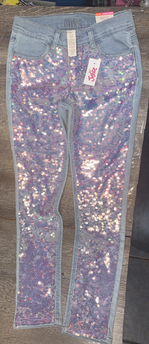 Justice sz 14 slim Pink Iridescent Sequin super skinny jeans