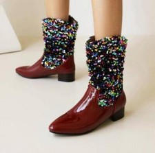 Sequin Women's Splicing Mid Calf Boots Block Heel Shoes Pointy Toe Fashion Retro