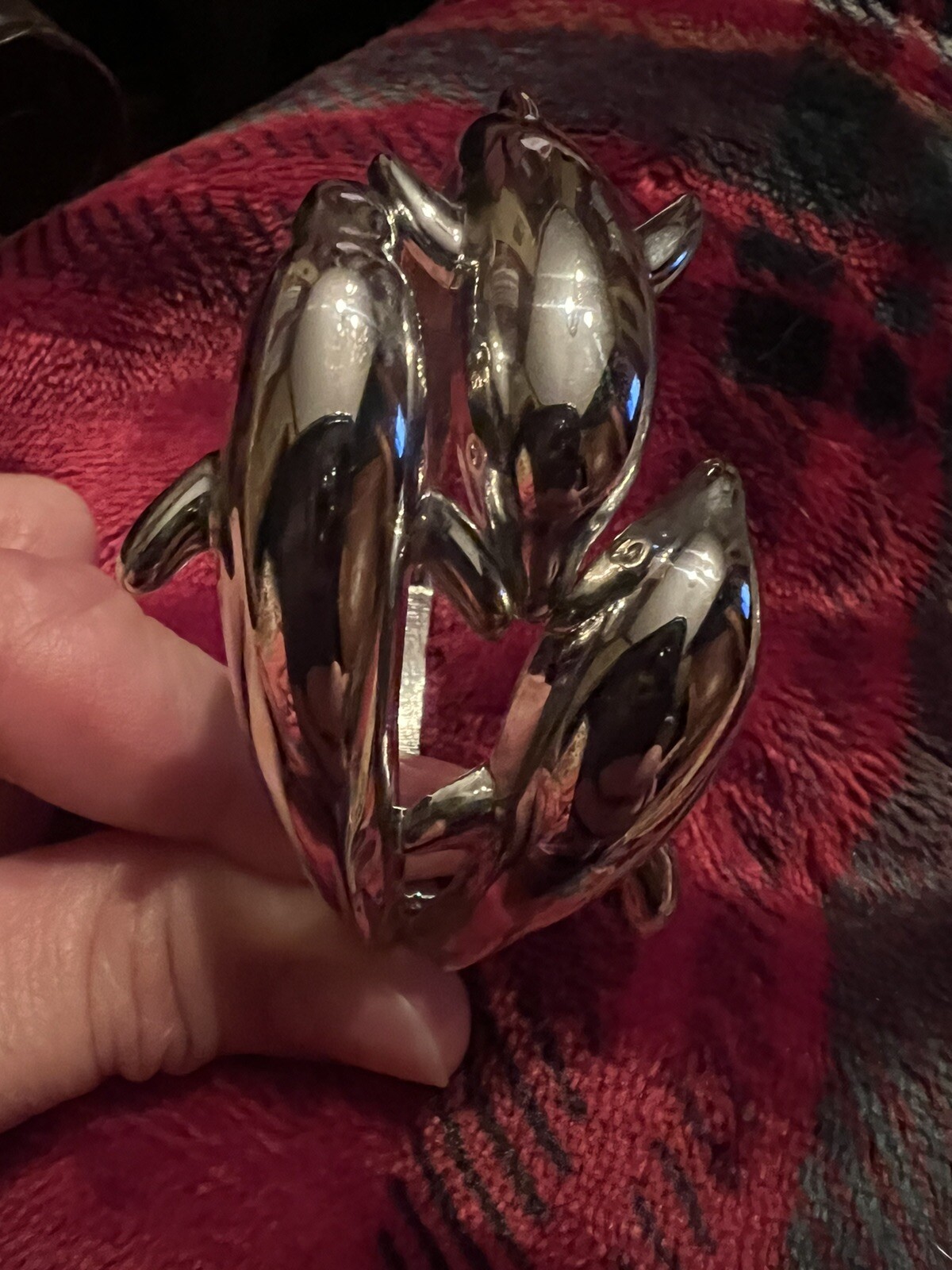 Three Leaping Figural Dolphins Hinged Silver Tone… - image 4