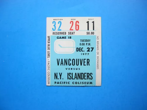 1977/78 VANCOUVER CANUCKS NEW YORK ISLANDERS HOCKEY TICKET STUB BRYAN TROTTIER