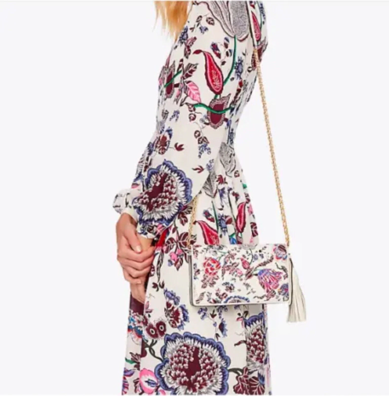 Abito multicolore in seta Tory Burch floreale manica lunga avorio taglia 00 nuovo