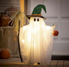 Light-Up Standing Ghost Witch Hat Broom Halloween Decoration Spooky Prop