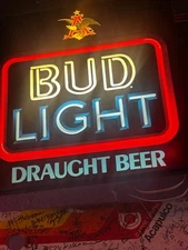 Vintage 1990s BUD LIGHT Draught Beer Lighted Bar Sign measures 18" x 18" x 5"