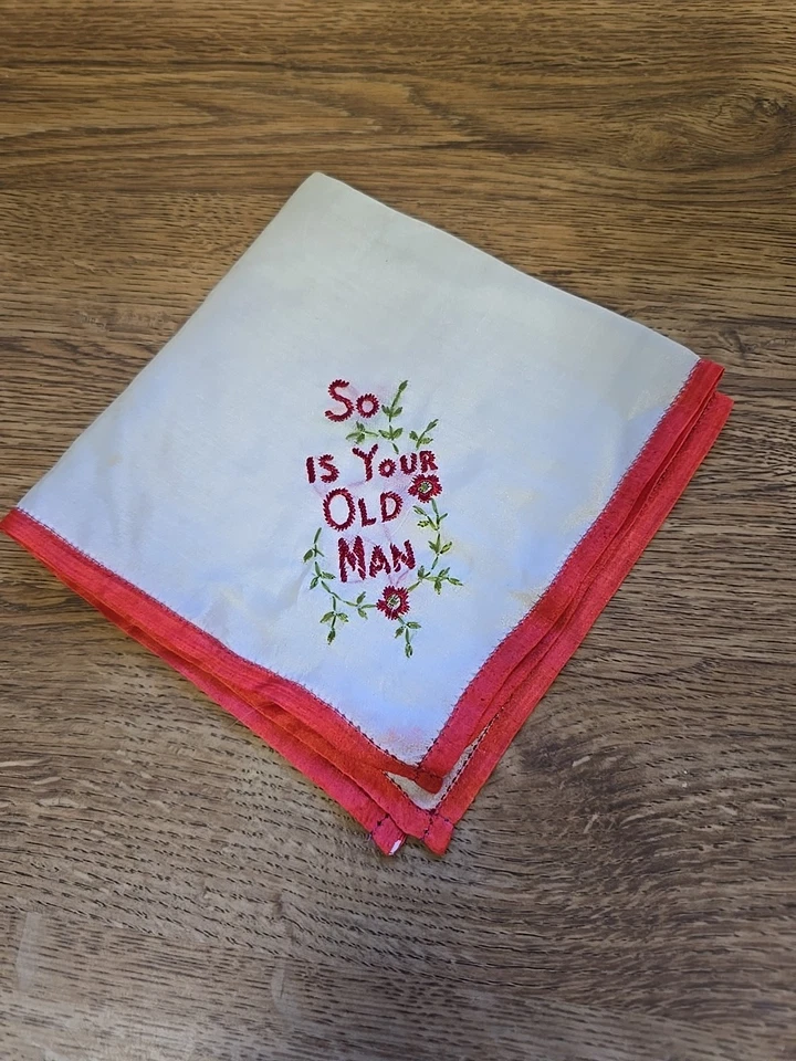 Vintage Silk Hankie SO IS YOUR OLD MAN Red & Green On White - Image 4 of 4