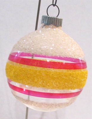 VTG Shiny Brite White Yellow Mica Stripe Pink Stripes Glass Christmas Ornament 