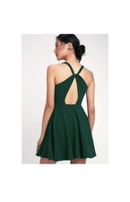 Lulus Wonder Whirl Dark Green Twist Back Party Dress Wedding Guest Deep V