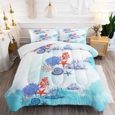 Blue Ocean Comforter Set for Kids and Adults, Queen Size Coral Seashell Sailb...
