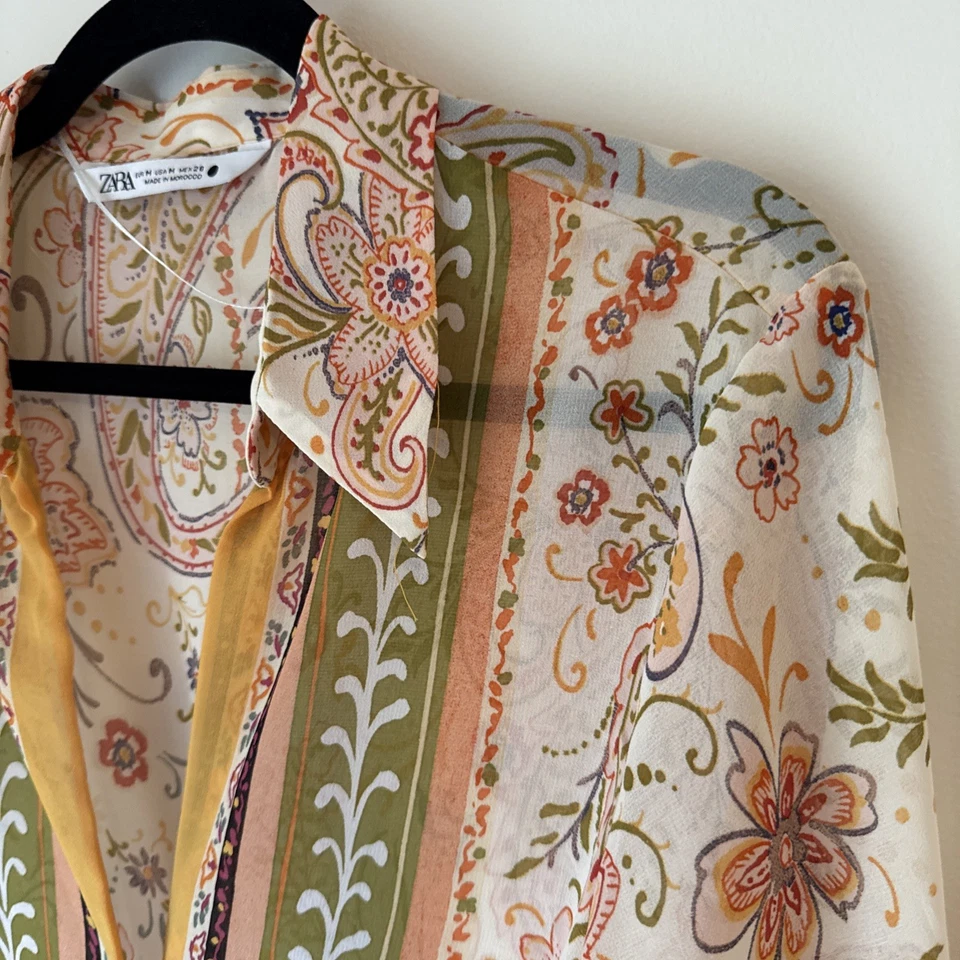 Zara Top Sheer Floral Artsy Womens Size M Tie Front Beachy Boho Preppy Coastal - Image 2 of 4