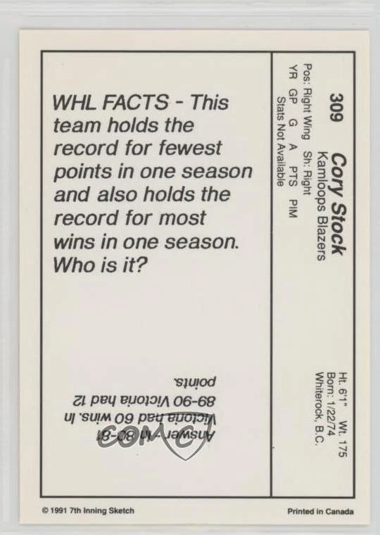 1990-91 7th Inning Sketch WHL Cory Stock #309 - Image 2 of 2
