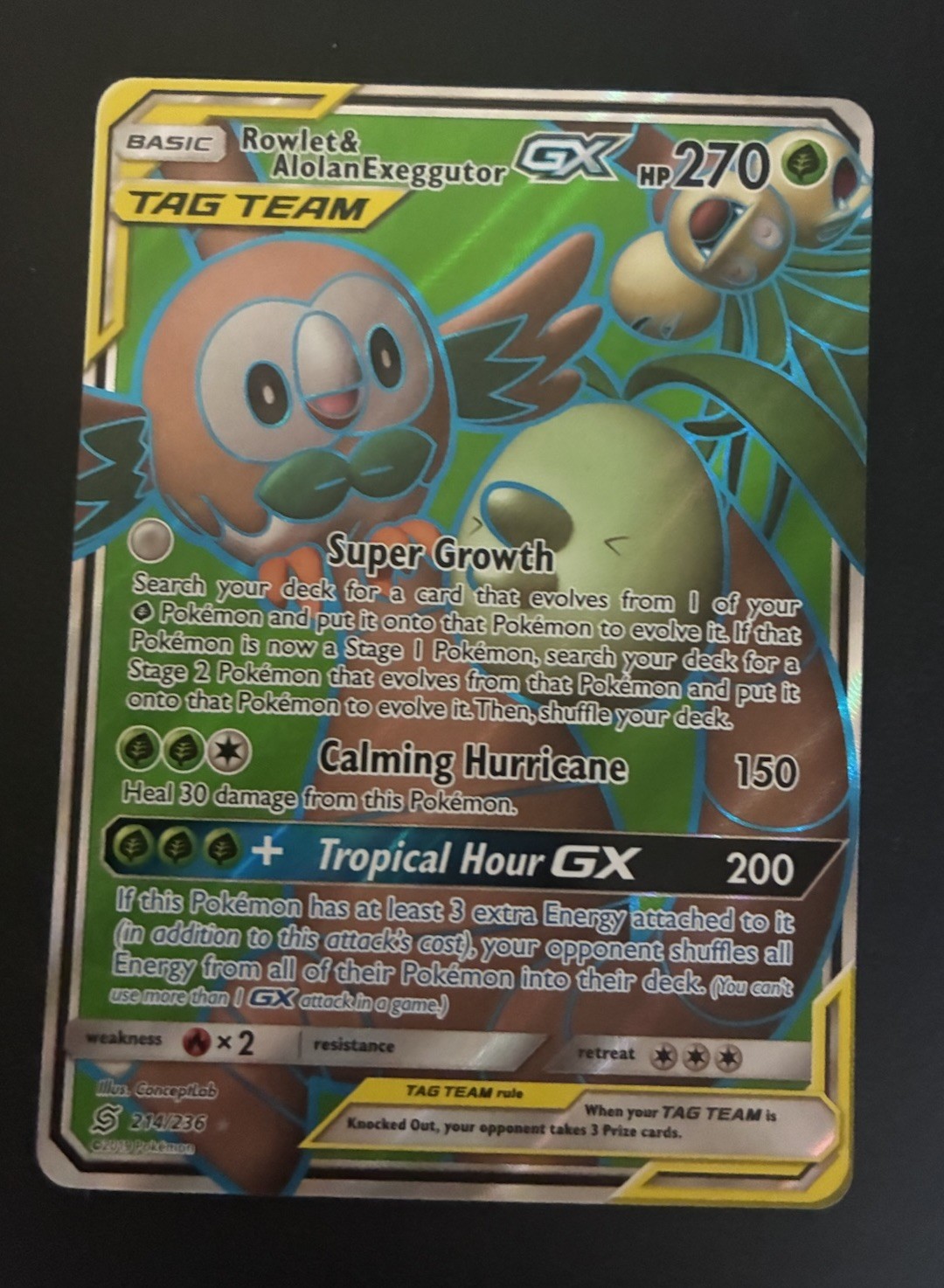 Rowlet & Alolan Exeggutor GX (Full Art) 214/236 Sm-Unified Minds Holo NM++