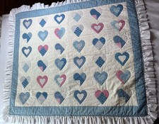 VTG 90s Handmade Heart Quilt Lap Blanket Blue Pink Ruffle Cottagecore Grannycore