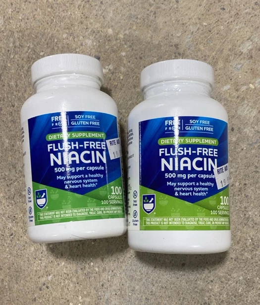 2x Niacina sin enjuague 500 mg 100 cápsulas sin soja sin gluten suplemento Rite Aid Foto 3 de 3