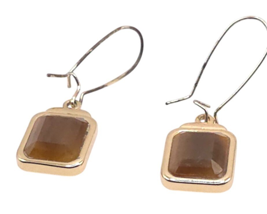 Gold-Plated Drop Earrings With Rectangular Brown … - image 1