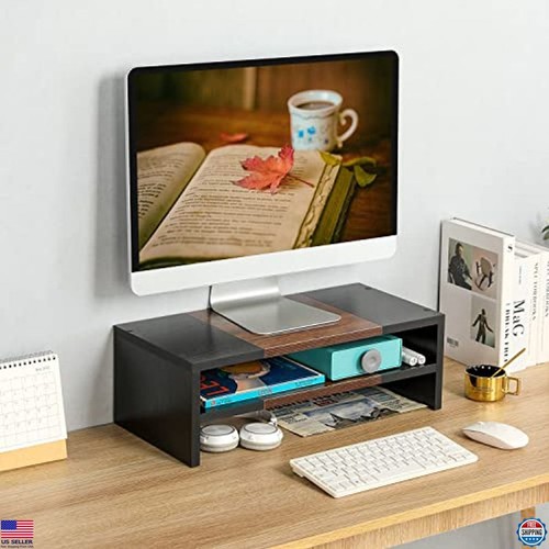 2-Tier Desktop Monitor Stand Riser, Printer Shelf, Wooden Organizer, Black/Brown - Picture 2 of 7