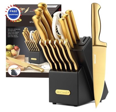 Kitchen Knife Sets Titanium Stainless Steel with Block & Sharpener McCook Golden