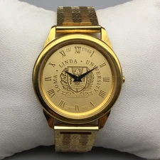 Vtg CSI Loma Linda University Watch Mens 34mm Gold Plated Swiss New Battery 7.5"