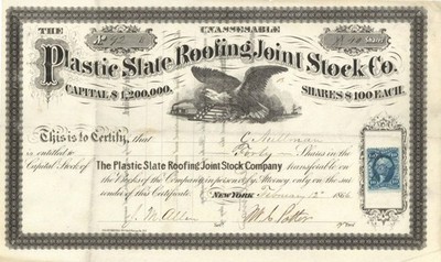Plastic Slate Roofing Joint Stock Co. - 1866 dated Stock Certificate - General