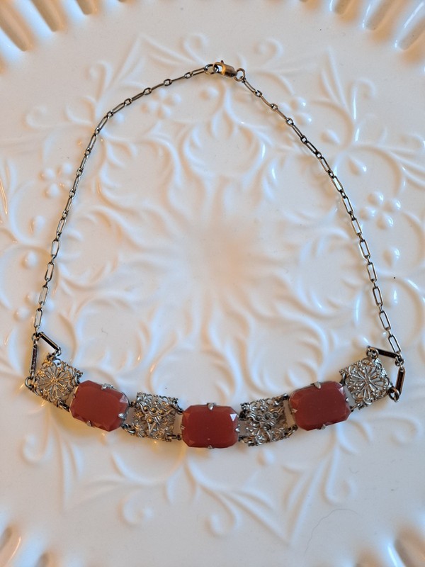 Art Deco Victorian Style Carnelian Marcasite Silver Panel Choker Necklace VTG 