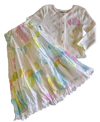 NWT Boutique Balu Handpainted Girls sz 4 Set~White Cardigan Sweater~Pastel Skirt