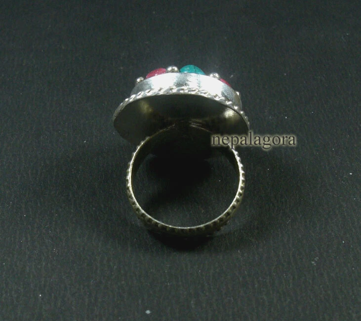 R04 Handmade size 9.25 Turquoise Coral Glass Tibetan Silver Finger Ring Nepal - Image 4 of 4