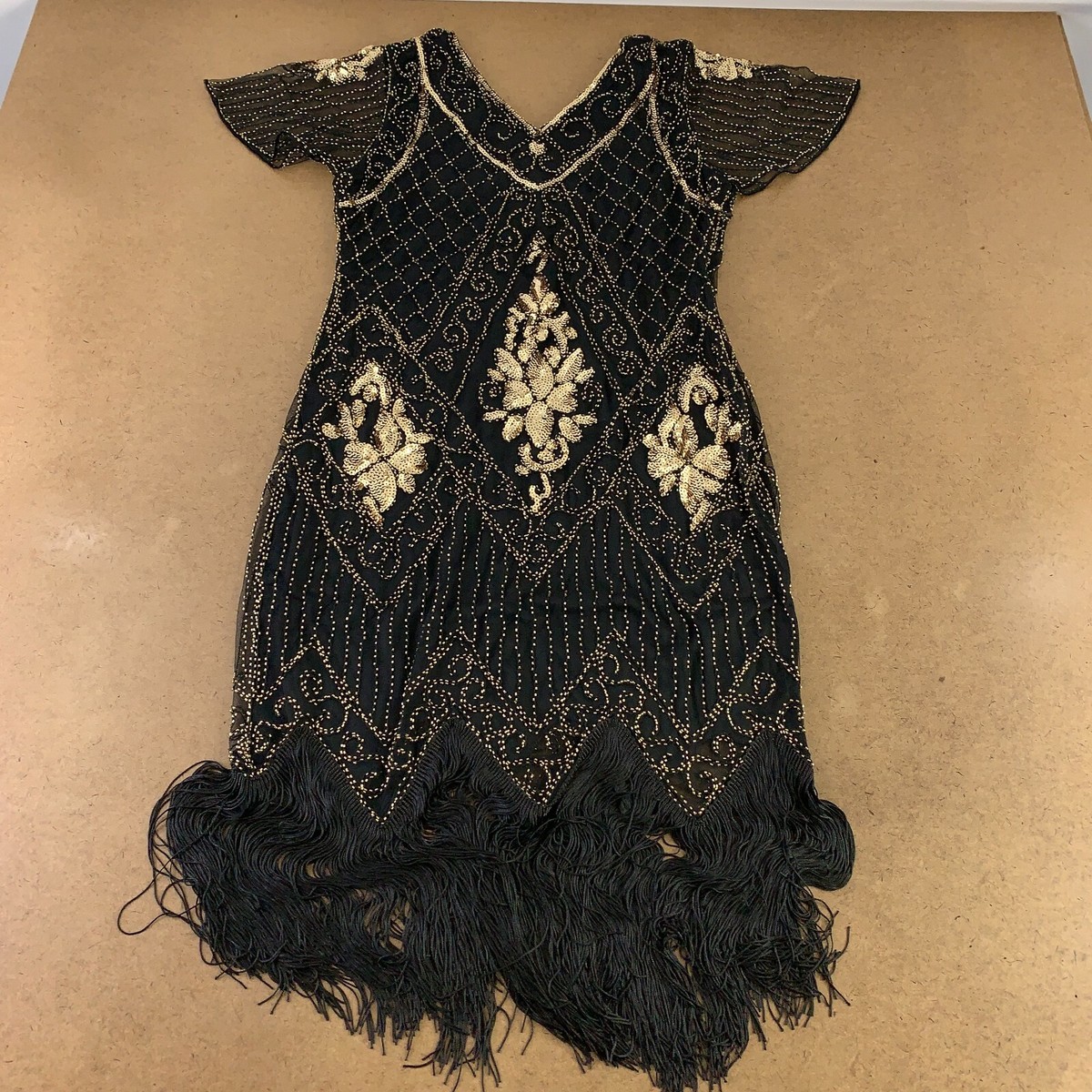Women's Large Black & Gold Sequin Fringe Flapper Dress & Accessory Set 9  Pieces | eBay