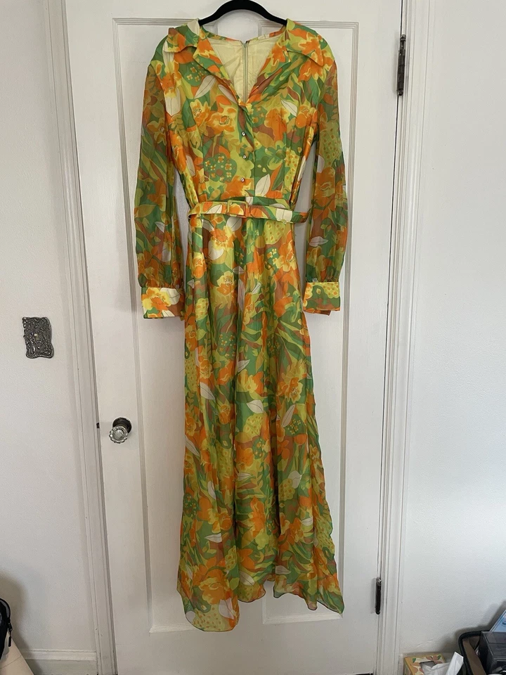 Maxi Vestido De Colección Años 70 Lee Jordan Retro Floral Cuello Naranja y Verde Talla Pequeña/Mediana Foto 2 de 4