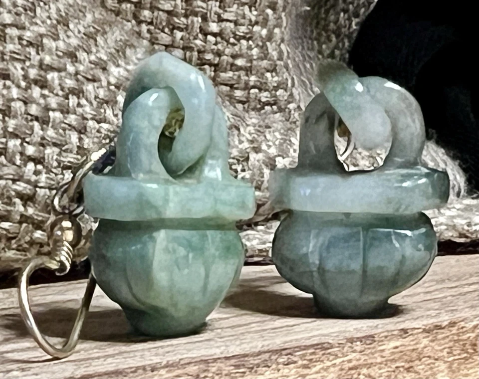 Green Jade Earring With Gold Hooks. Basket Shape. Hand Carved Detailed Piece - Image 4 of 4