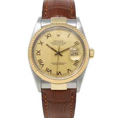 Rolex Datejust 36 16013 Gold & Steel Champagne Roman, Golden Brown Leather St...