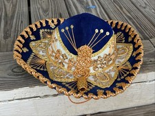 VTG Kids Authentic Mexican Sombrero Blue Velvet Pigalle  Gold accents  Sequins