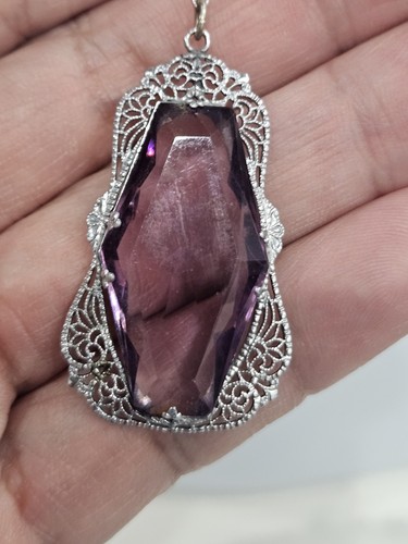 Antique Art Deco Amethyst Glass Faux Pearl Filigree Rhodium Plated Necklace 23" - Picture 3 of 14