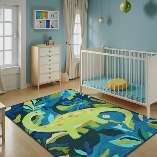 Alfombras de dinosaurio lavables 3x5 para dormitorio de niños, alfombra suave para animales de 3' x 5' azul Foto 3 de 4