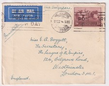 Australia 1s 6d Via Singapore airmail Cover to League of the Empire London