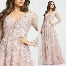 Mac Duggal Pink Floral Applique Long Sleeve Illusion Gown Dress Size 8 NWT