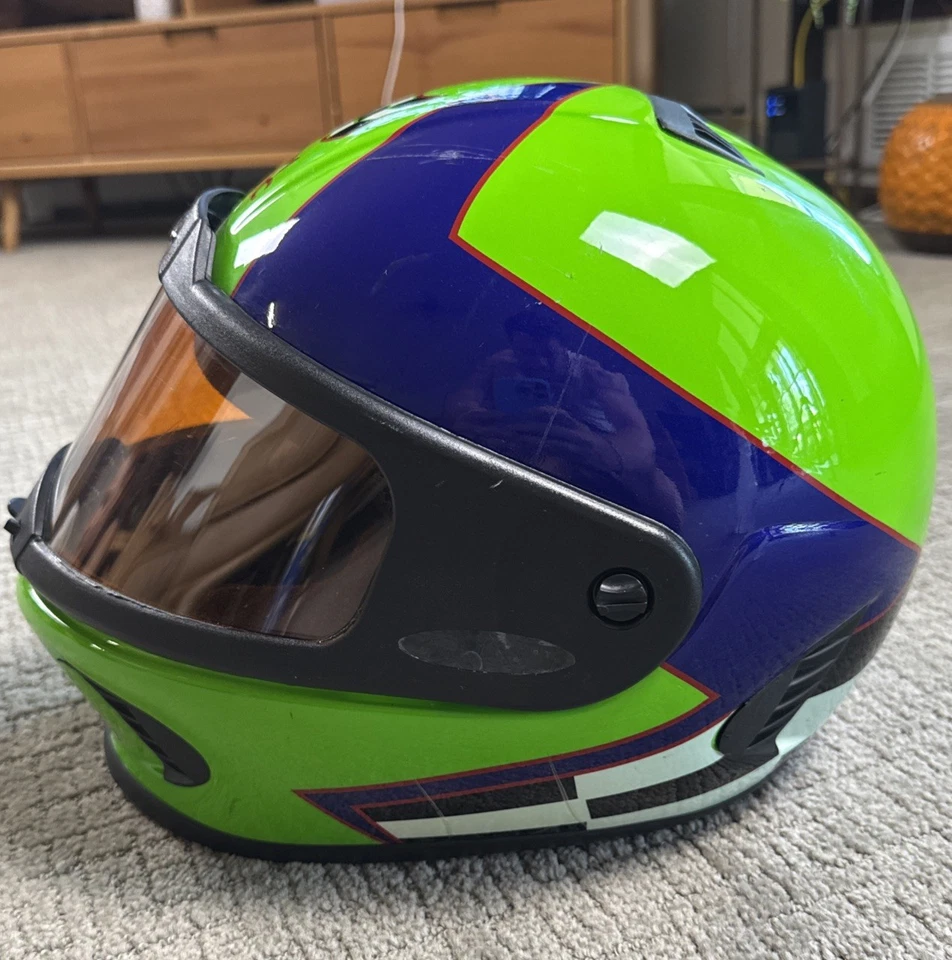 Arctic Cat Adult SM Vintage 90s Snowmobile Helmet Full Face Green/Purple/Checker - Image 4 of 4