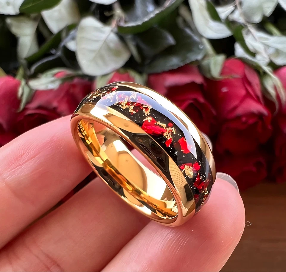 6/8MM Men Women Tungsten Carbide Ring Band Dome Red and Gold Foil Inlay Ring - Image 2 of 4