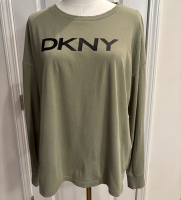 DKNY Sport Women's Green Logo Long Sleeve Crew Neck T-Shirt Relaxed Fit L