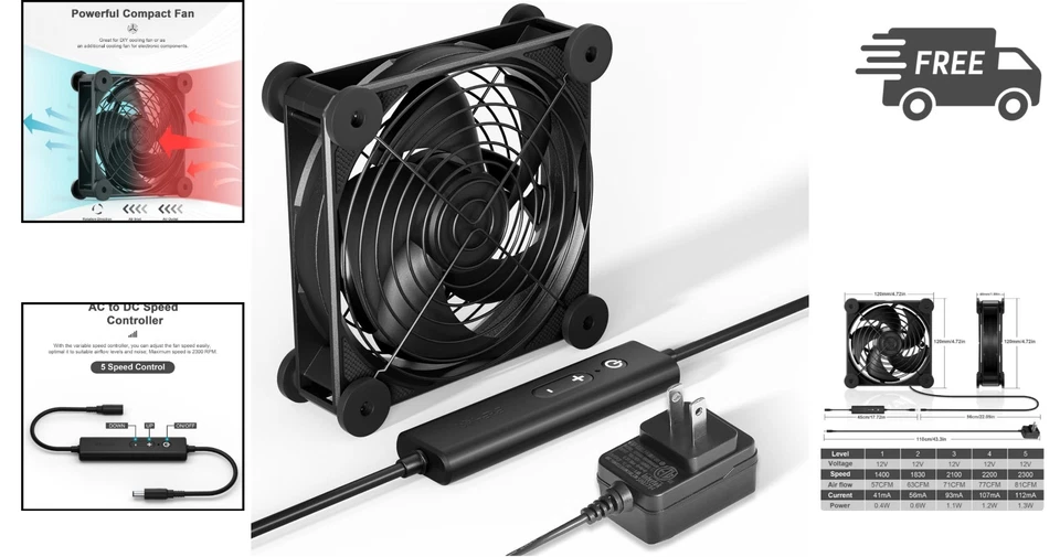 Computer Fan 120mm AC DC Cooling Fan 5 Speed Controller Quiet PC Chassis Fan - Image 2 of 4